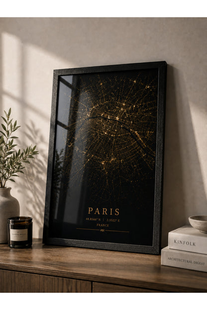 Paris A3+ Çerçeveli Duvar Tablosu | Paris Şehir Haritası | Siyah Gold Modern Duvar Dekoru – Natural – ürün görseli 3