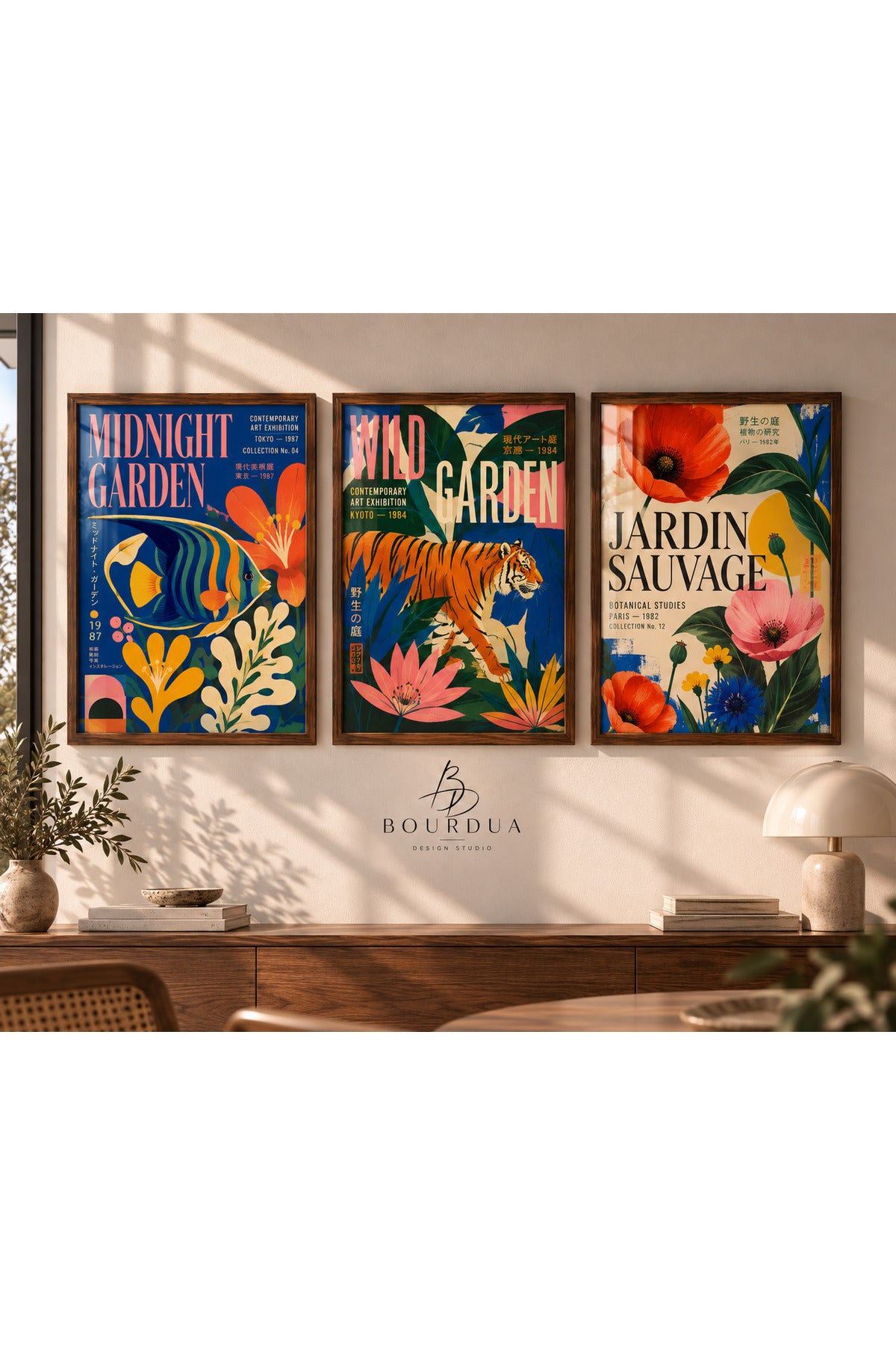 Wild Garden 3’lü Çerçeveli Duvar Tablosu Seti | Kaplan Balık ve Botanik Çiçek Posterleri | Renkli Retro Salon Dekoru