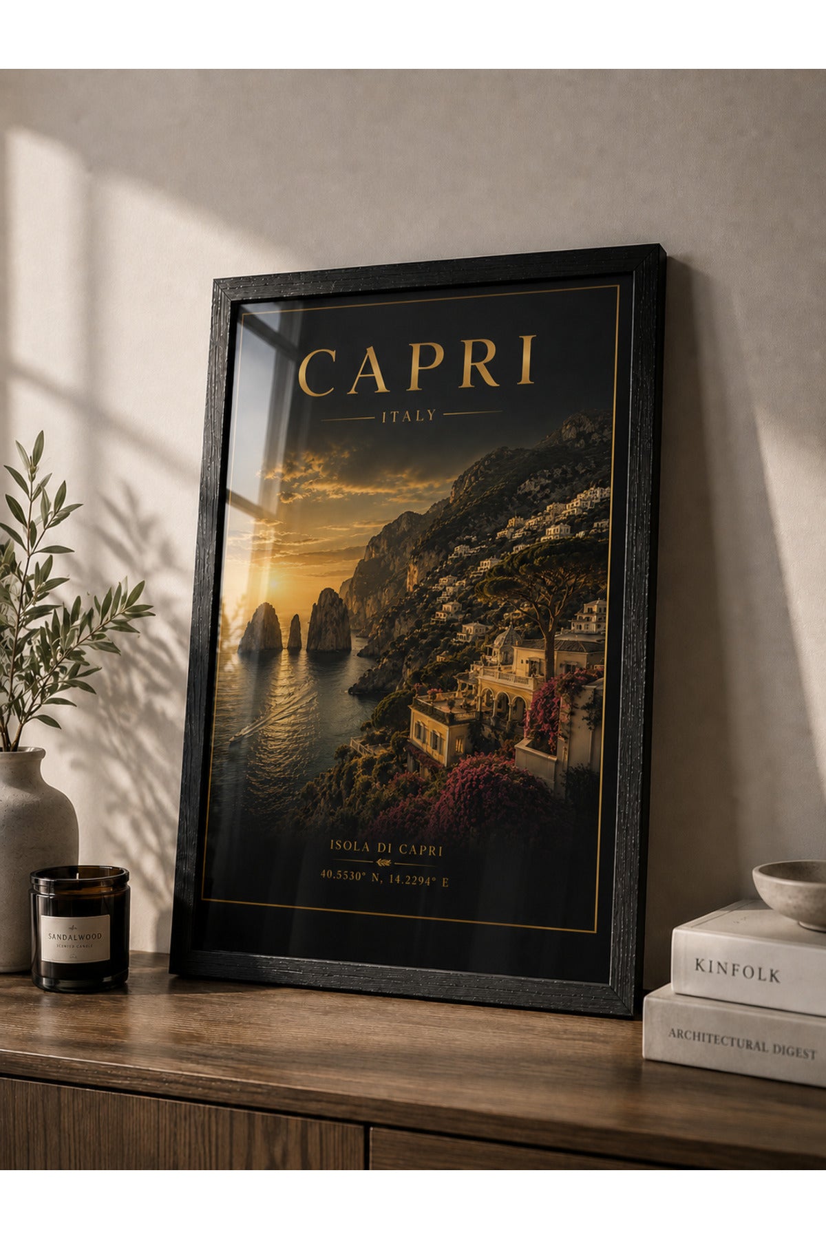 Capri Italy A3+ Çerçeveli Duvar Tablosu | İtalya Akdeniz Manzarası | Siyah Doğal Ahşap Çerçeve – Antik Ceviz – ürün görseli 1