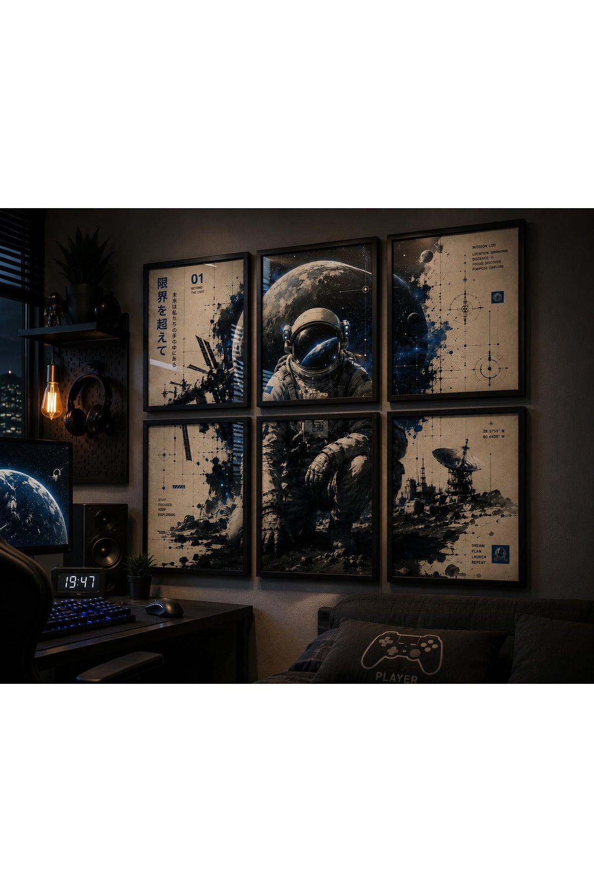 6 Parçalı Astronot Uzay Duvar Tablosu Seti | Gamer Genç Odası Dekoru | Siyah Çam Ahşap Çerçeveli A3+ Tablo – Natural – ürün görseli 3