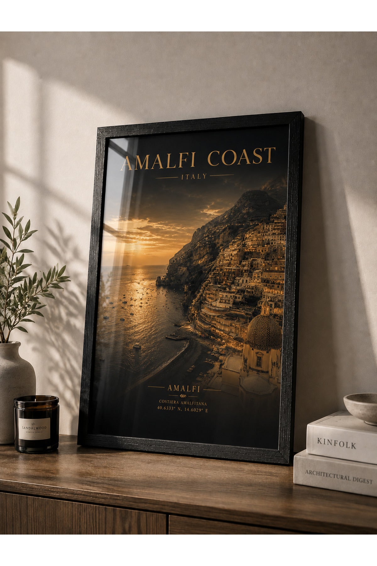 Amalfi Coast Italy A3+ Çerçeveli Duvar Tablosu | İtalya Sahil Manzarası | Siyah Doğal Ahşap Çerçeve – Antik Ceviz – ürün görseli 1