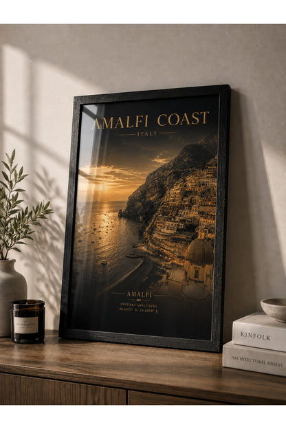 Amalfi Coast Italy A3+ Çerçeveli Duvar Tablosu | İtalya Sahil Manzarası | Siyah Doğal Ahşap Çerçeve – Antik Ceviz – ürün görseli 1
