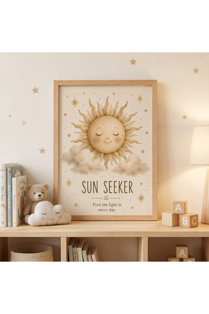 Sun Seeker | Güneş Temalı Çocuk Odası Tablosu | Doğal Ahşap Çerçeveli Duvar Sanatı – Siyah – ürün görseli 2