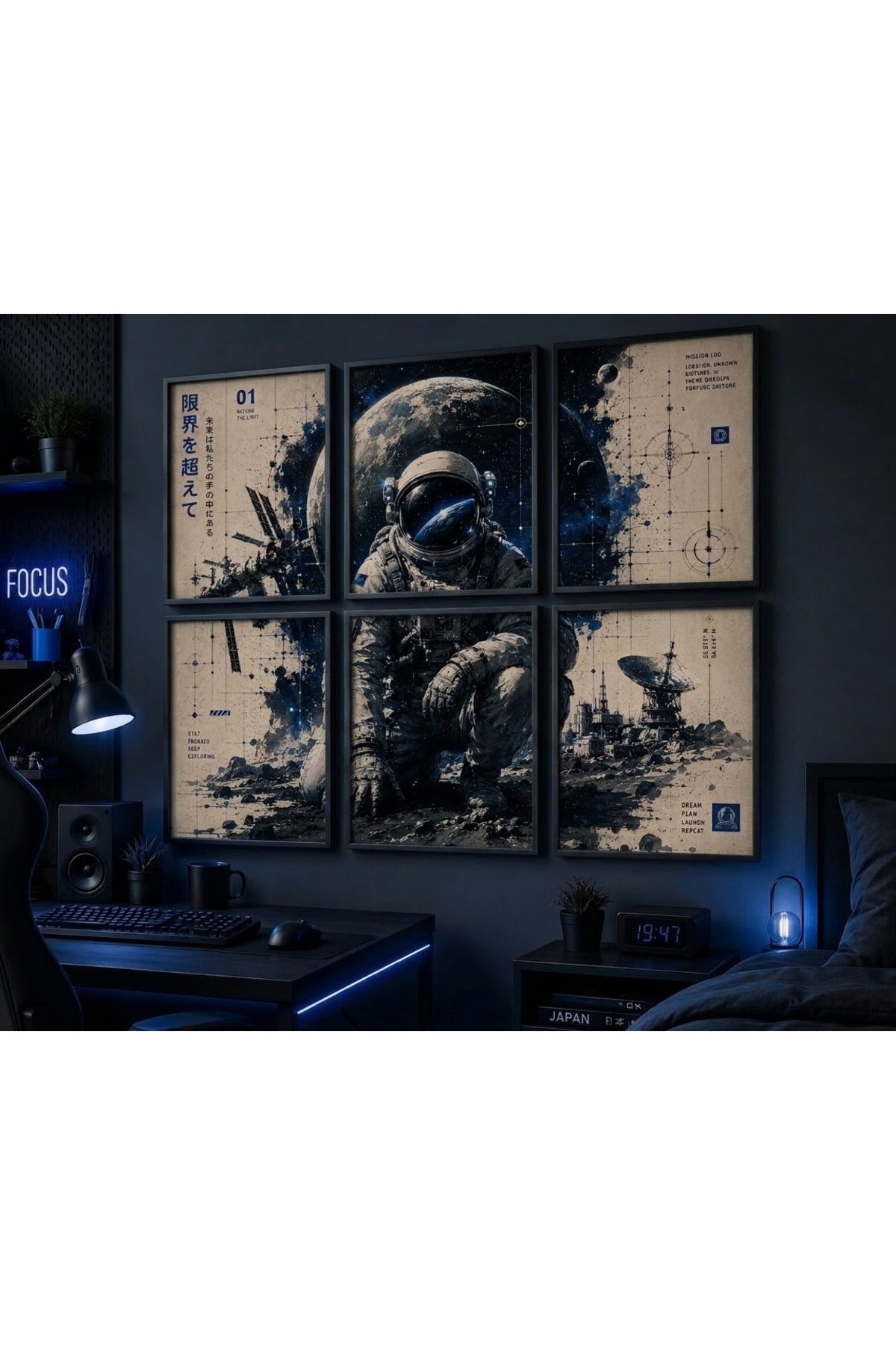 6 Parçalı Astronot Uzay Duvar Tablosu Seti | Gamer Genç Odası Dekoru | Siyah Çam Ahşap Çerçeveli A3+ Tablo – Antik Ceviz – ürün görseli 1