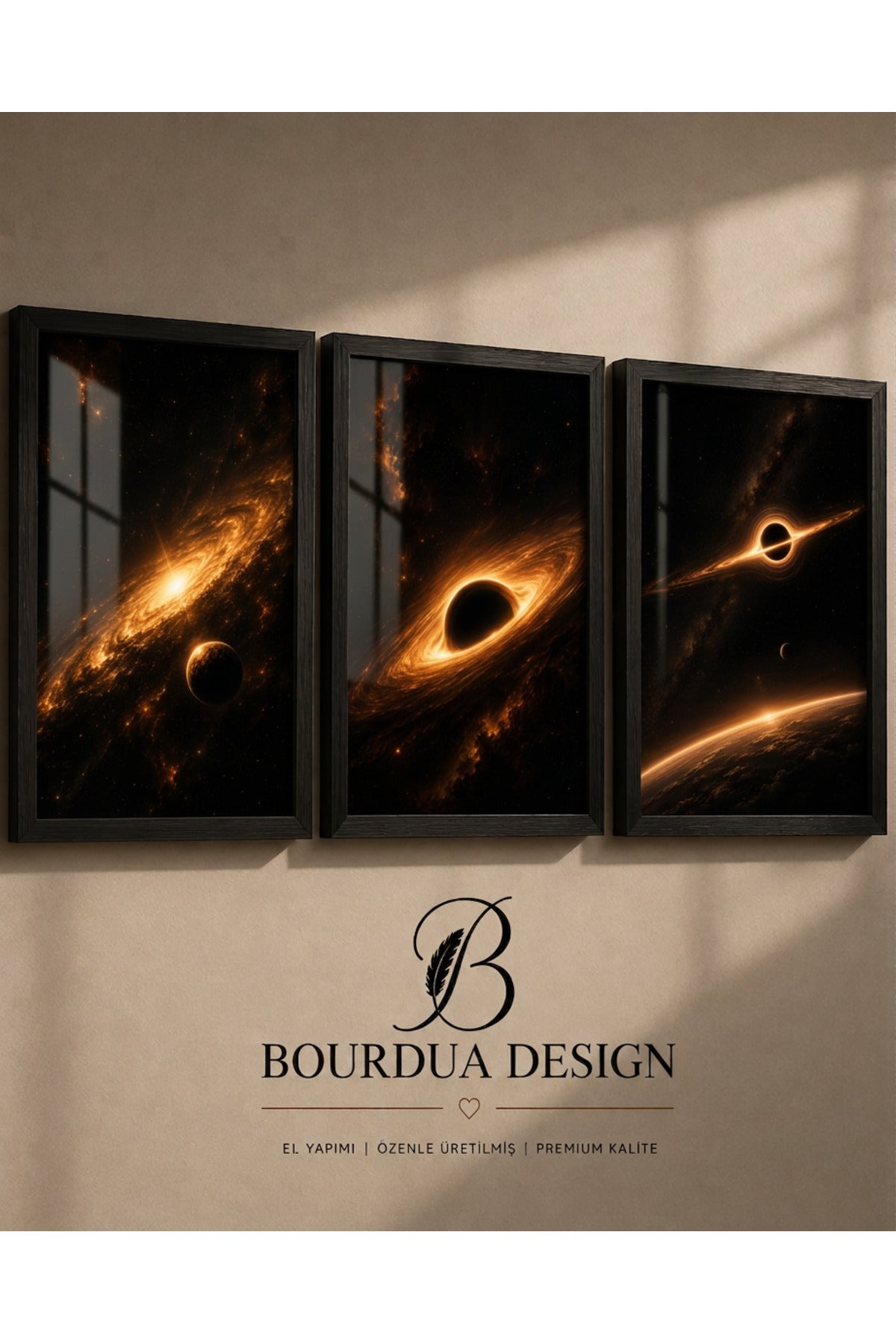 Black Hole 3’lü A3+ Çerçeveli Duvar Tablo Seti | Kara Delik Uzay Galaksi Tablosu | Siyah Gold Modern Duvar Dekoru – Antik Ceviz – ürün görseli 1