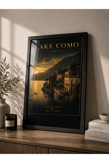 Lake Como Italy A3+ Çerçeveli Duvar Tablosu | İtalya Como Gölü Manzara Tablosu | Siyah Doğal Ahşap Çerçeve – Siyah – ürün görseli 2