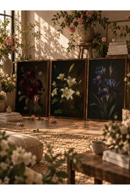 Vintage Botanik Çiçek 3’lü Çerçeveli Duvar Tablosu Seti | Salon Dekoru | Masif Ahşap Çerçeveli Floral Sanat