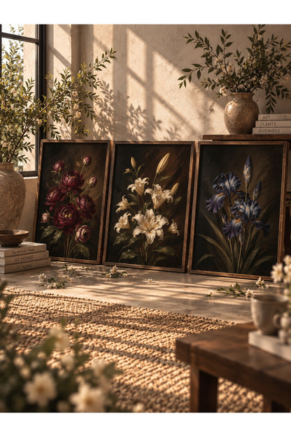 Vintage Botanik Çiçek 3’lü Çerçeveli Duvar Tablosu Seti | Salon Dekoru | Masif Ahşap Çerçeveli Floral Sanat