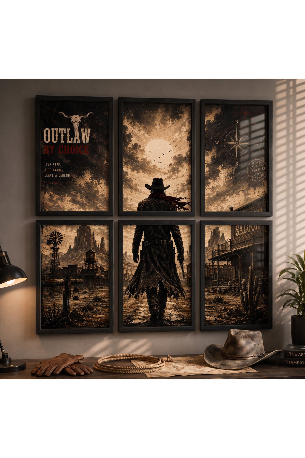 Western Kovboy 6’lı A3+ Duvar Tablosu Seti | Doğal Ahşap Çerçeveli Vintage Wild West Duvar Dekoru – Antik Ceviz – ürün görseli 1