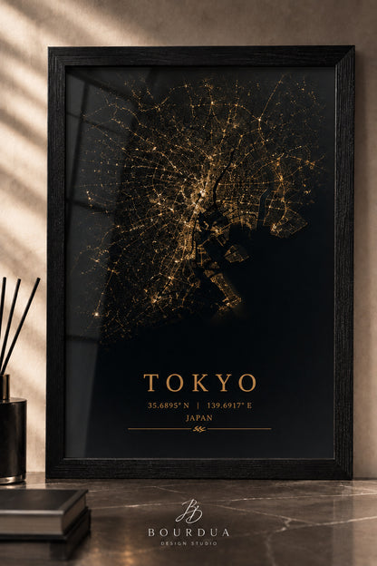 Tokyo Haritası A3+ Çerçeveli Duvar Tablosu | Siyah Gold Japonya Şehir Haritası | Modern Duvar Dekoru – Antik Ceviz – ürün görseli 1