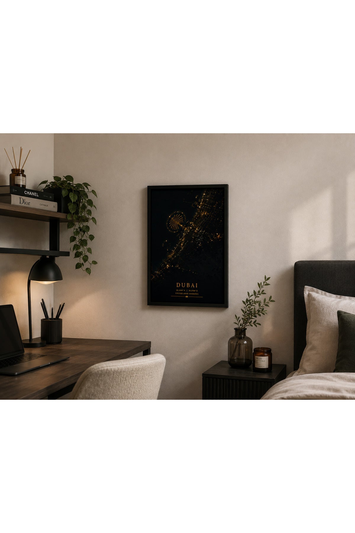 Dubai Golden Map A3+ Çerçeveli Duvar Tablosu | Siyah Altın Şehir Haritası | Siyah Doğal Ahşap Çerçeve – ürün görseli 4