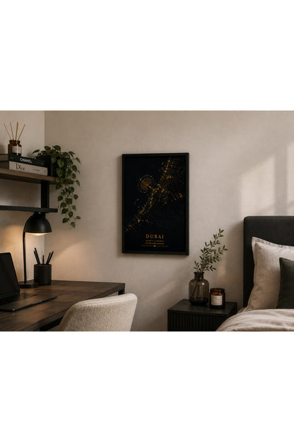 Dubai Golden Map A3+ Çerçeveli Duvar Tablosu | Siyah Altın Şehir Haritası | Siyah Doğal Ahşap Çerçeve – ürün görseli 4
