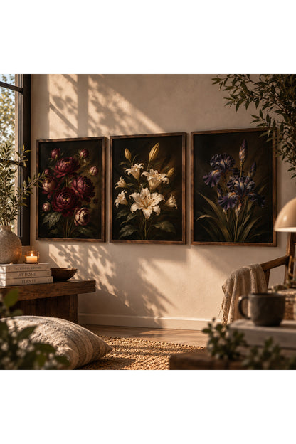 Vintage Botanik Çiçek 3’lü Çerçeveli Duvar Tablosu Seti | Salon Dekoru | Masif Ahşap Çerçeveli Floral Sanat