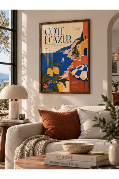 Côte d’Azur Akdeniz Duvar Tablosu | Vintage Riviera Poster | Limonlu Yazlık Salon Dekoru | Çerçeveli Tablo