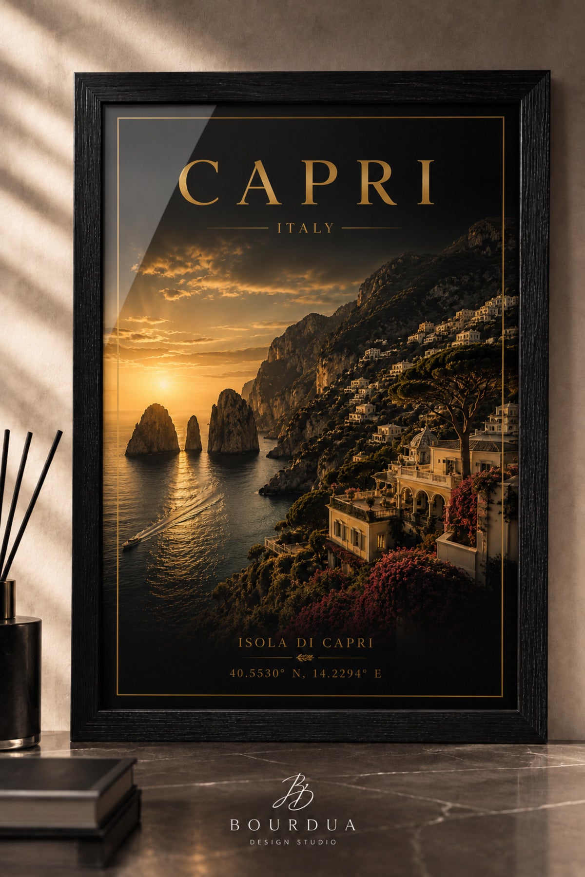 Capri Italy A3+ Çerçeveli Duvar Tablosu | İtalya Akdeniz Manzarası | Siyah Doğal Ahşap Çerçeve – Siyah – ürün görseli 2