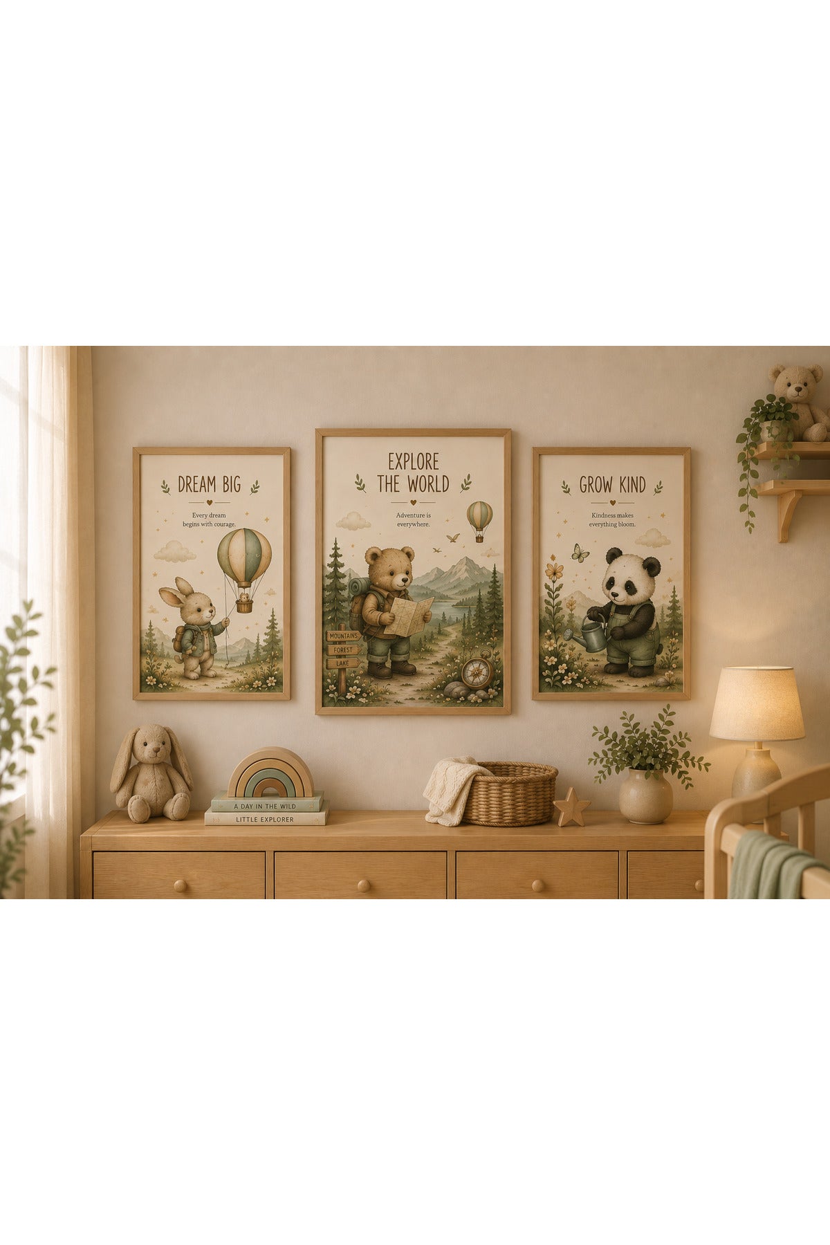 Dream Big • Explore The World • Grow Kind | 3'lü Çocuk Odası Tablo Seti | Doğal Ahşap Çerçeveli Duvar Sanatı – Siyah – ürün görseli 2