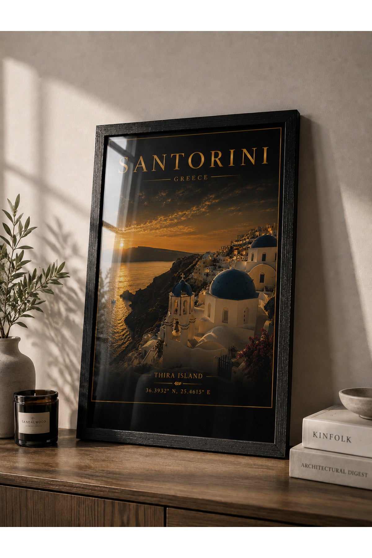 Santorini A3+ Çerçeveli Duvar Tablosu | Yunanistan Manzara Tablosu | Siyah Gold Modern Duvar Dekoru – Siyah – ürün görseli 2