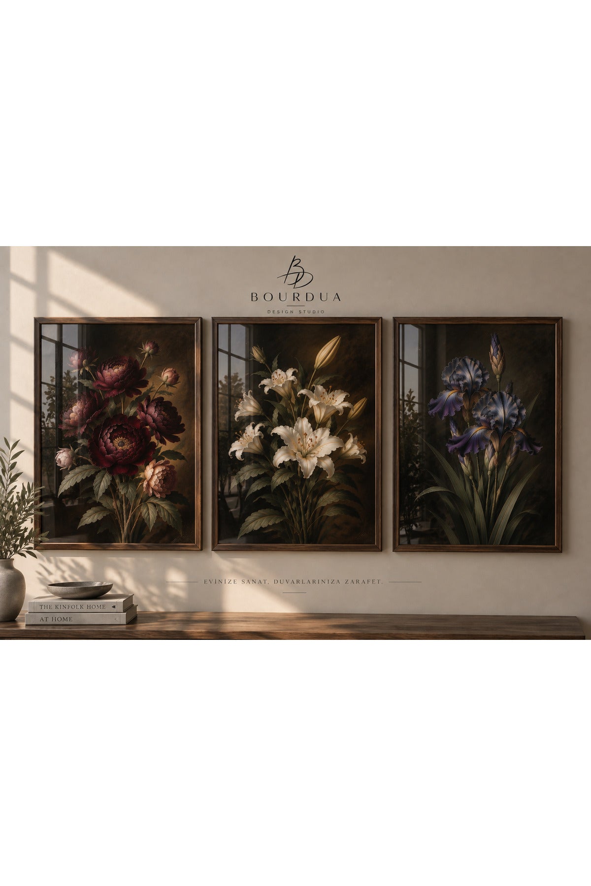 Vintage Botanik Çiçek 3’lü Çerçeveli Duvar Tablosu Seti | Salon Dekoru | Masif Ahşap Çerçeveli Floral Sanat