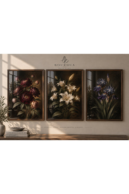 Vintage Botanik Çiçek 3’lü Çerçeveli Duvar Tablosu Seti | Salon Dekoru | Masif Ahşap Çerçeveli Floral Sanat