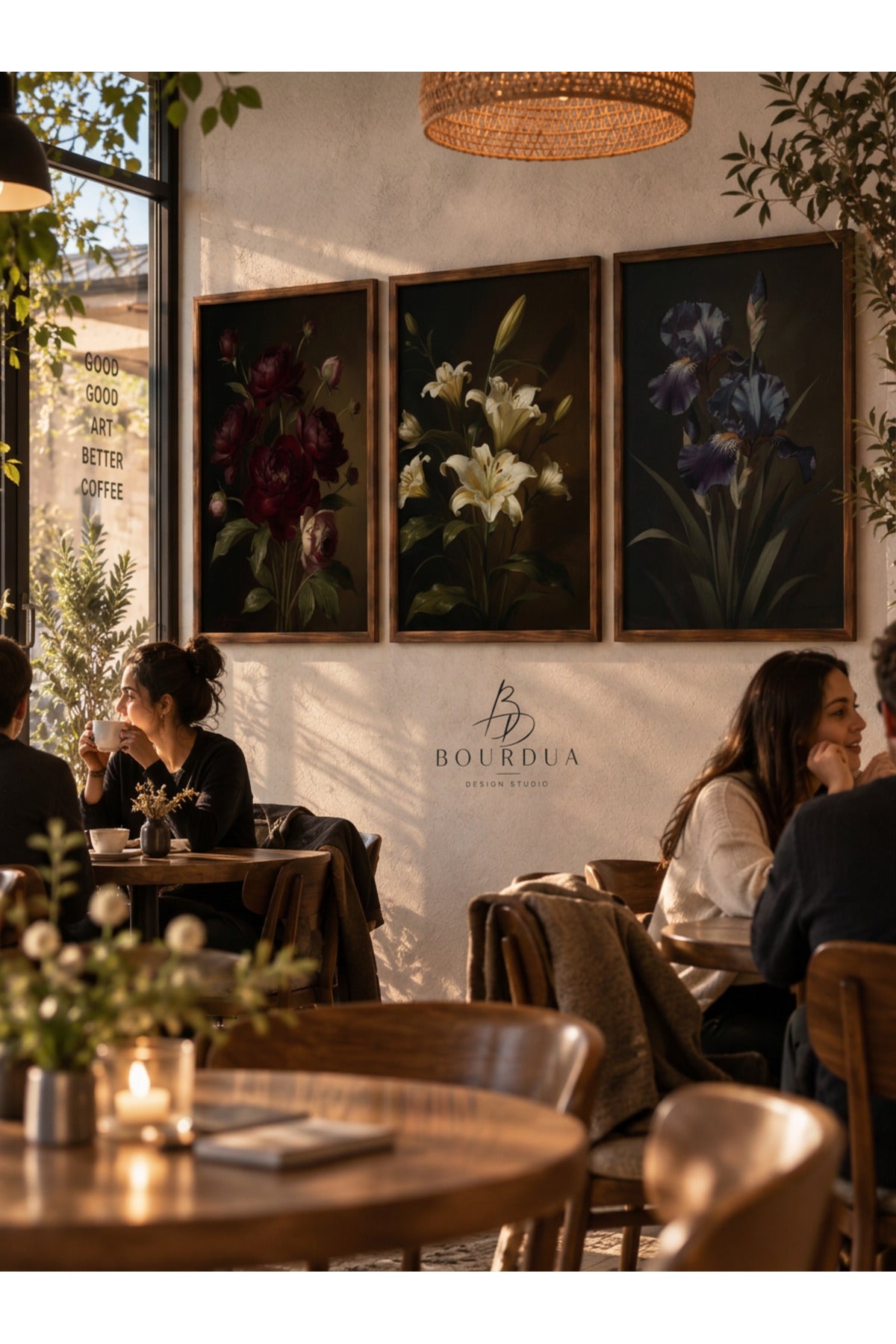 Vintage Botanik Çiçek 3’lü Çerçeveli Duvar Tablosu Seti | Salon Dekoru | Masif Ahşap Çerçeveli Floral Sanat