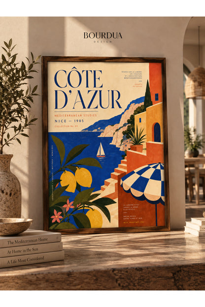 Côte d’Azur Akdeniz Duvar Tablosu | Vintage Riviera Poster | Limonlu Yazlık Salon Dekoru | Çerçeveli Tablo
