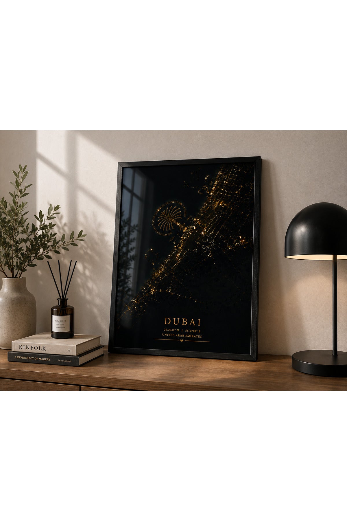 Dubai Golden Map A3+ Çerçeveli Duvar Tablosu | Siyah Altın Şehir Haritası | Siyah Doğal Ahşap Çerçeve – Natural – ürün görseli 3