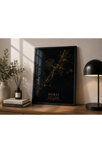 Dubai Golden Map A3+ Çerçeveli Duvar Tablosu | Siyah Altın Şehir Haritası | Siyah Doğal Ahşap Çerçeve – Natural – ürün görseli 3