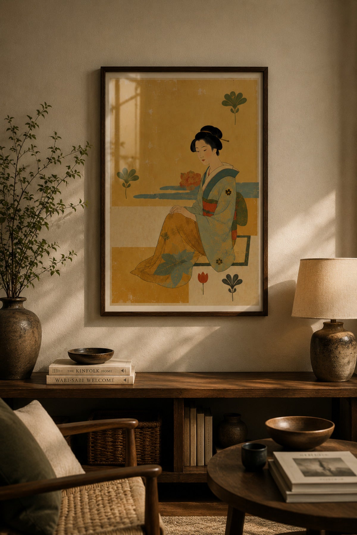 Japon Geisha Duvar Tablosu | Vintage Japon Sanatı | Masif Ahşap Çerçeveli Dekoratif Tablo