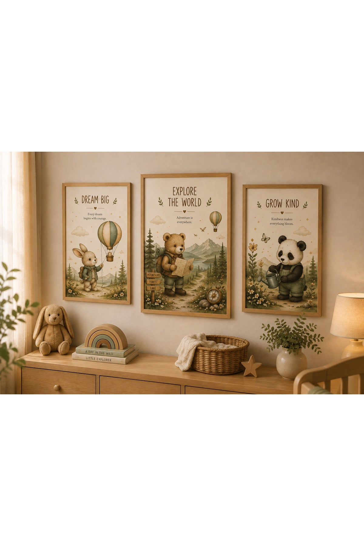 Dream Big • Explore The World • Grow Kind | 3'lü Çocuk Odası Tablo Seti | Doğal Ahşap Çerçeveli Duvar Sanatı – Antik Ceviz – ürün görseli 1