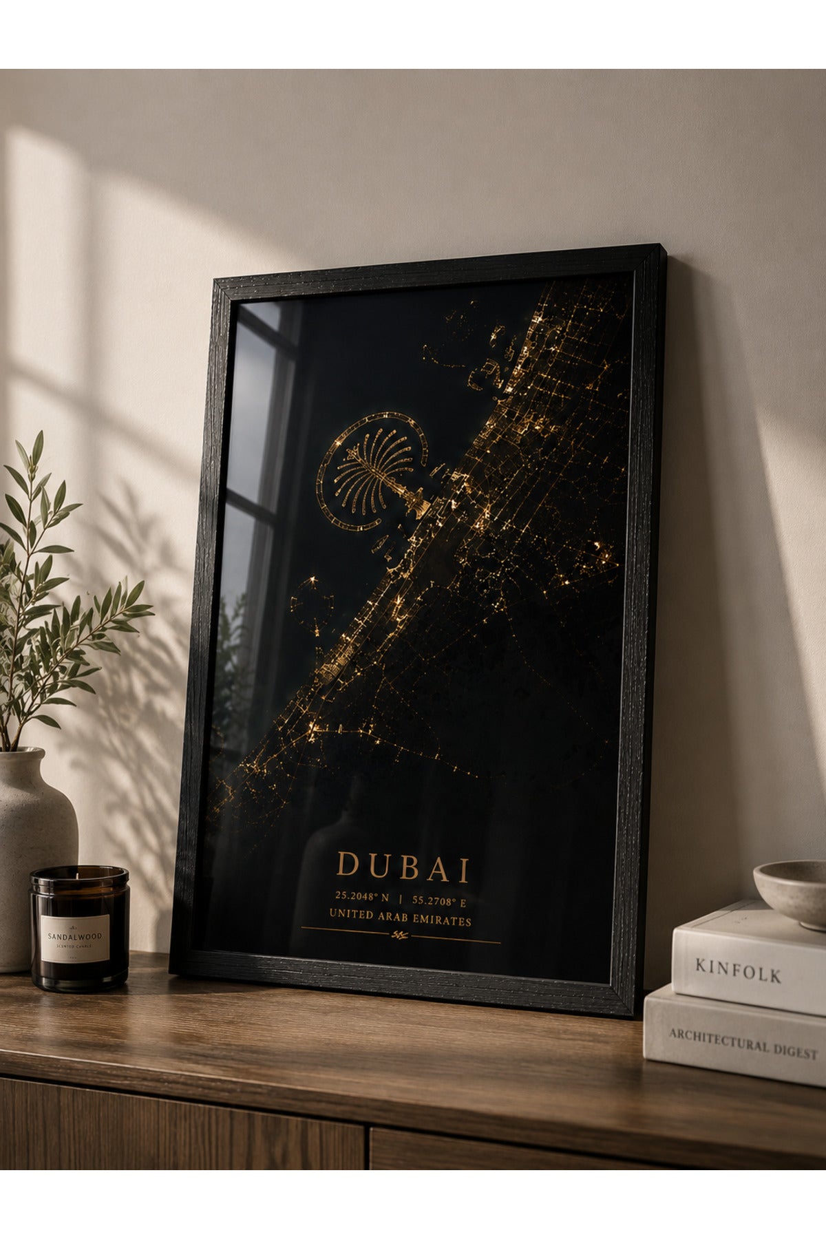 Dubai Golden Map A3+ Çerçeveli Duvar Tablosu | Siyah Altın Şehir Haritası | Siyah Doğal Ahşap Çerçeve – Siyah – ürün görseli 2