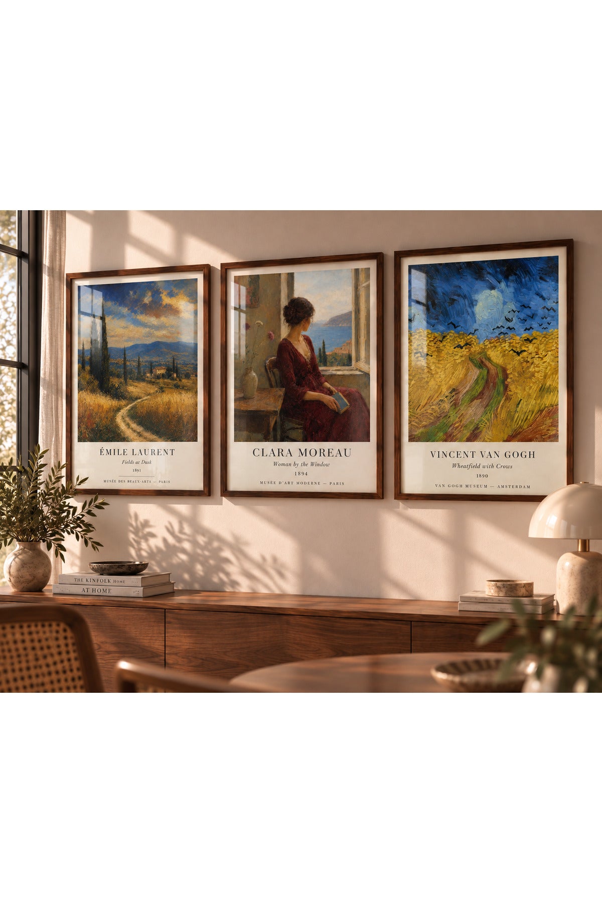 Van Gogh ve Müze Posterleri 3’lü Çerçeveli Duvar Tablosu Seti | Vintage Klasik Sanat Galeri Duvarı