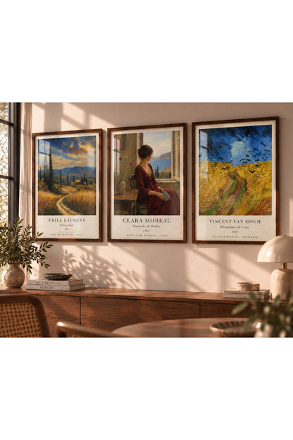 Van Gogh ve Müze Posterleri 3’lü Çerçeveli Duvar Tablosu Seti | Vintage Klasik Sanat Galeri Duvarı