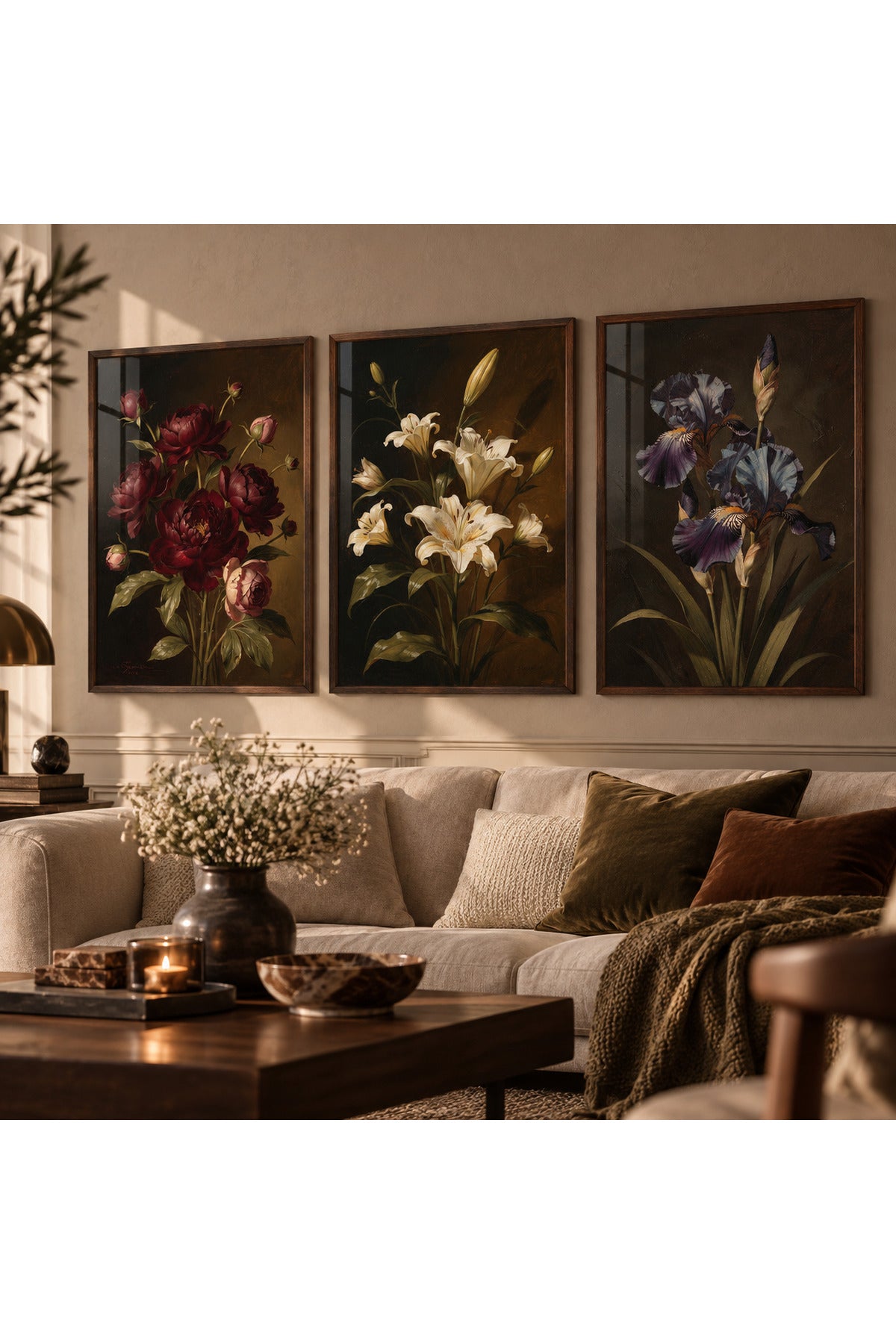 Vintage Botanik Çiçek 3’lü Çerçeveli Duvar Tablosu Seti | Salon Dekoru | Masif Ahşap Çerçeveli Floral Sanat