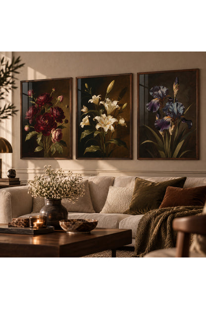 Vintage Botanik Çiçek 3’lü Çerçeveli Duvar Tablosu Seti | Salon Dekoru | Masif Ahşap Çerçeveli Floral Sanat