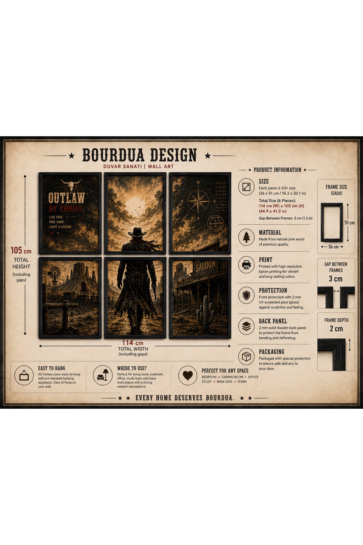 Western Kovboy 6’lı A3+ Duvar Tablosu Seti | Doğal Ahşap Çerçeveli Vintage Wild West Duvar Dekoru – ürün görseli 5