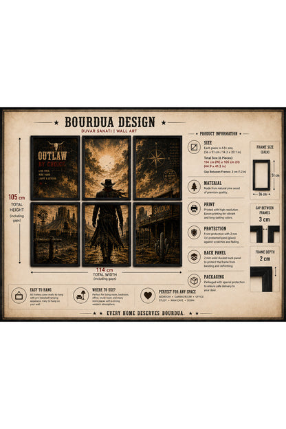 Western Kovboy 6’lı A3+ Duvar Tablosu Seti | Doğal Ahşap Çerçeveli Vintage Wild West Duvar Dekoru – ürün görseli 5