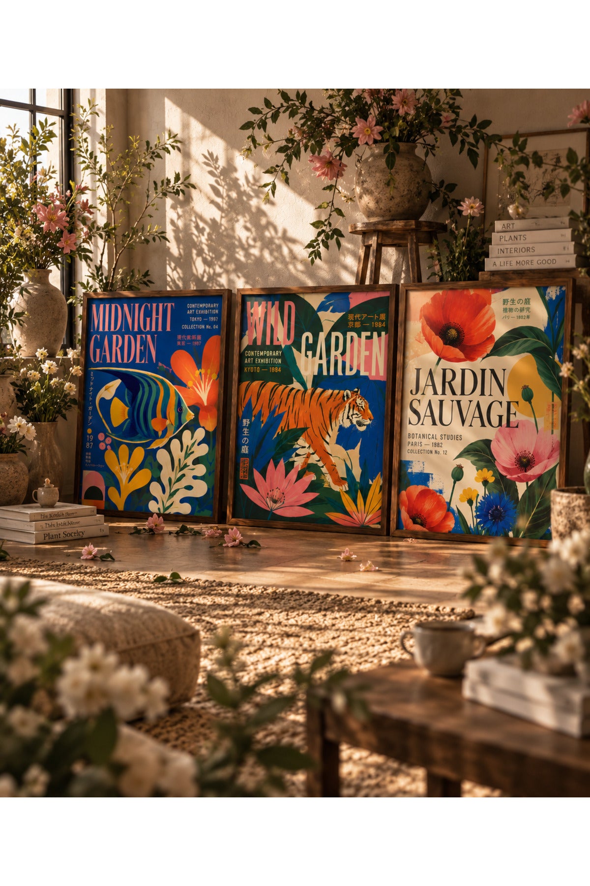 Wild Garden 3’lü Çerçeveli Duvar Tablosu Seti | Kaplan Balık ve Botanik Çiçek Posterleri | Renkli Retro Salon Dekoru