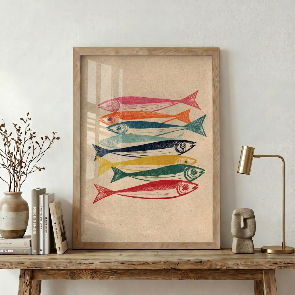 Renkli Balıklar | Linocut Baskı Duvar Sanatı