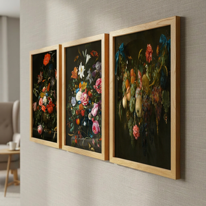 Dramatik Flora Triptiği | Flaman Still Life | 3’lü Klasik Duvar Sanatı