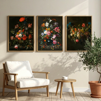 Dramatik Flora Triptiği | Flaman Still Life | 3’lü Klasik Duvar Sanatı