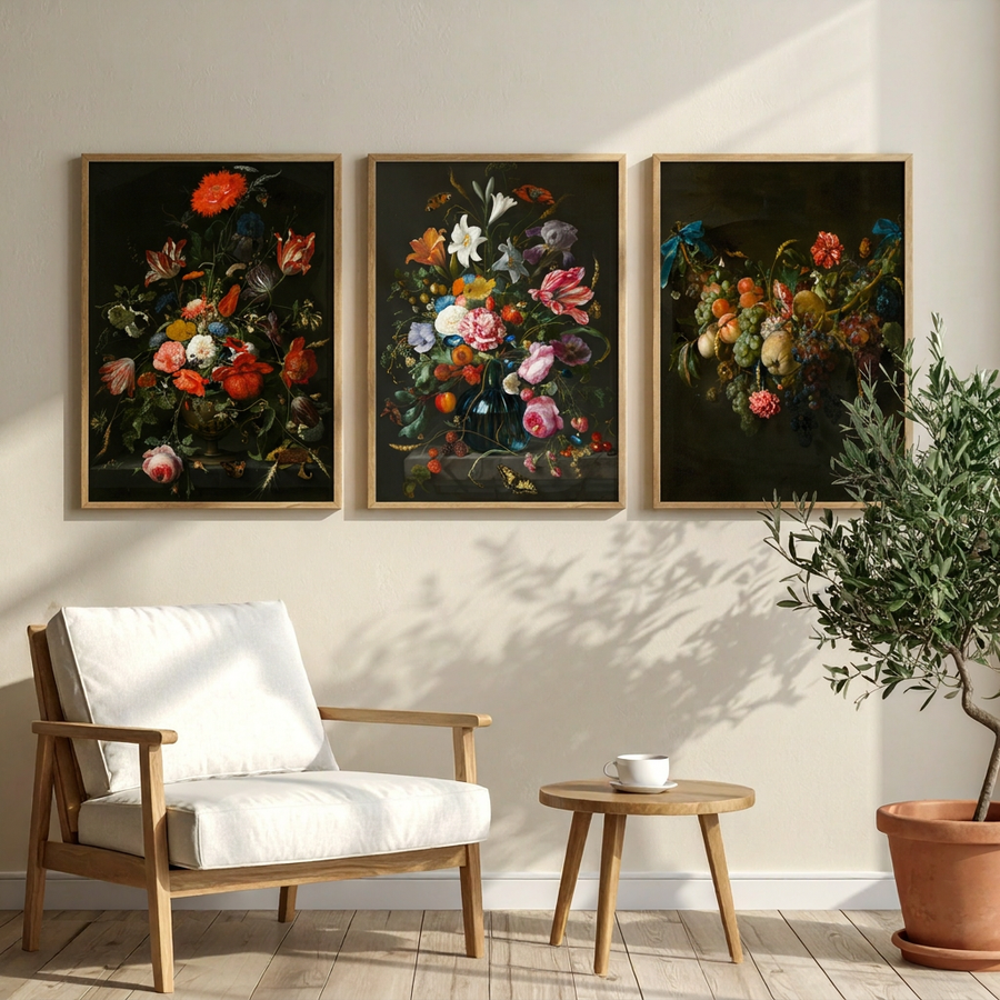 Dramatik Flora Triptiği | Flaman Still Life | 3’lü Klasik Duvar Sanatı