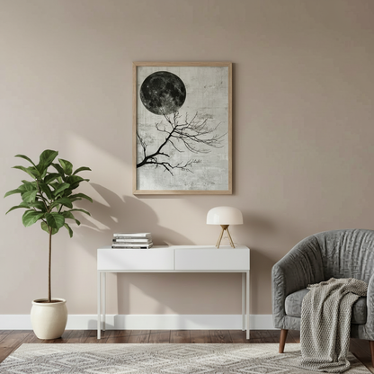 Dolunay & Dal Minimalist Duvar Sanatı | Japon Sumi-e Baskı