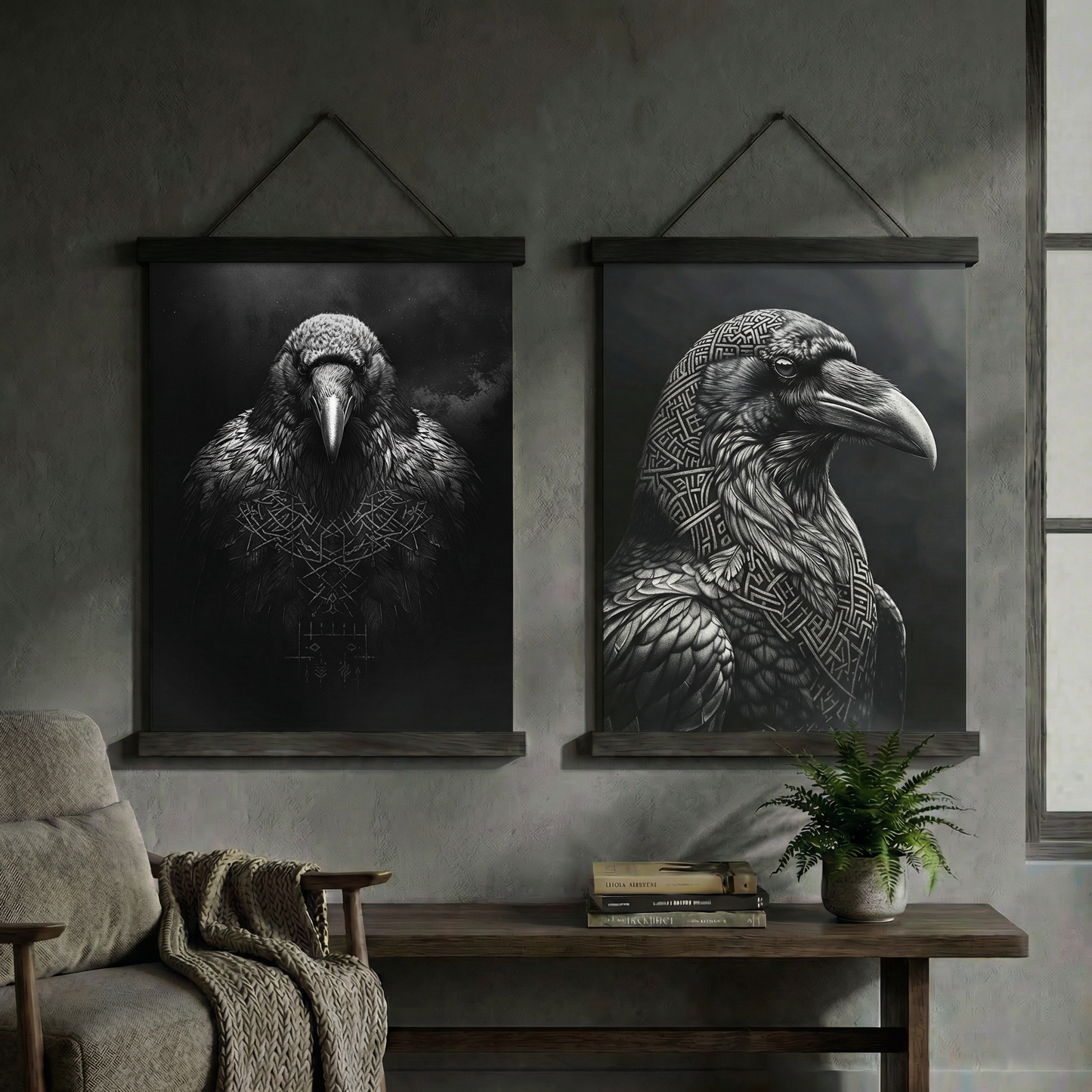 Huginn & Muninn | Viking Kuzgun İkili Poster Seti | Runik Desen Duvar Sanatı