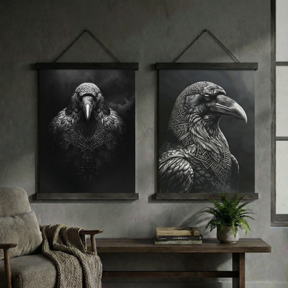 Huginn & Muninn | Viking Kuzgun İkili Poster Seti | Runik Desen Duvar Sanatı