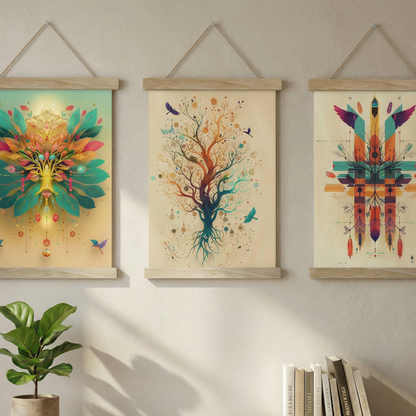 Roots of the Soul — Triple Poster Set with Mandala, Tree of Life & Feather Motifs | Boho Wall Art