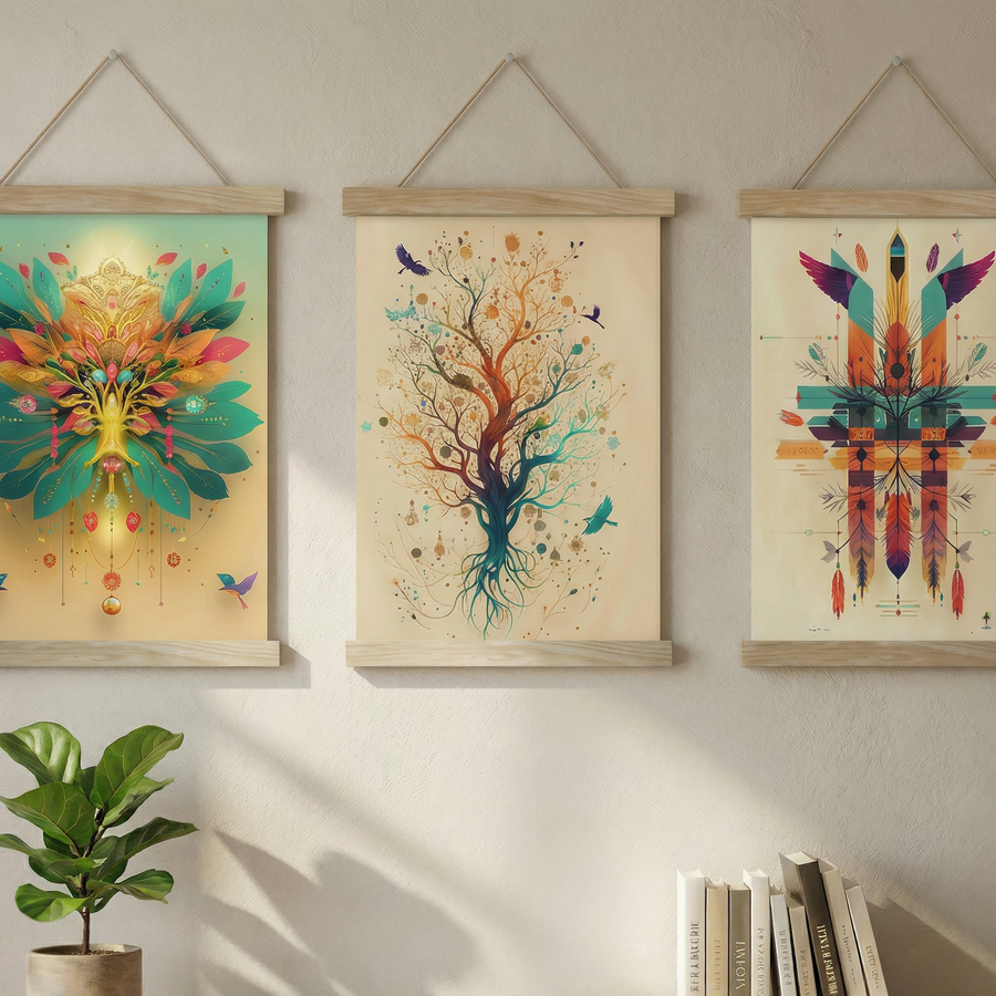 Ruhun Kökleri | Mandala, Yaşam Ağacı & Tüy Motifli Üçlü Poster Seti | Boho Duvar Sanatı