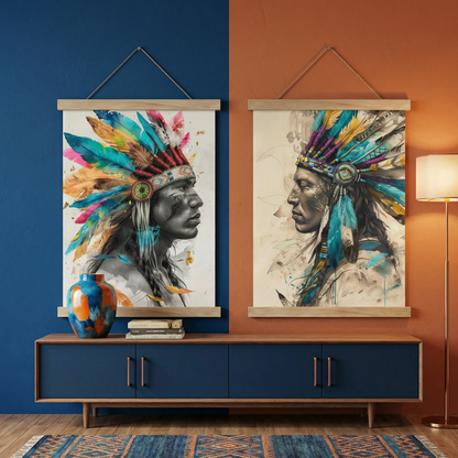 Ruhun Şef'i | Native American Tüy Başlık İkili Poster Seti | Boho Duvar Sanatı