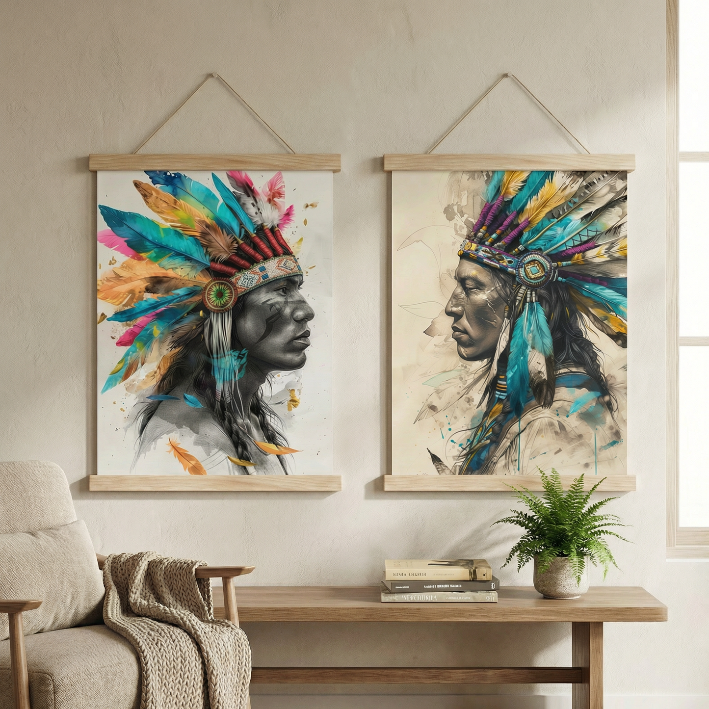 Ruhun Şef'i | Native American Tüy Başlık İkili Poster Seti | Boho Duvar Sanatı