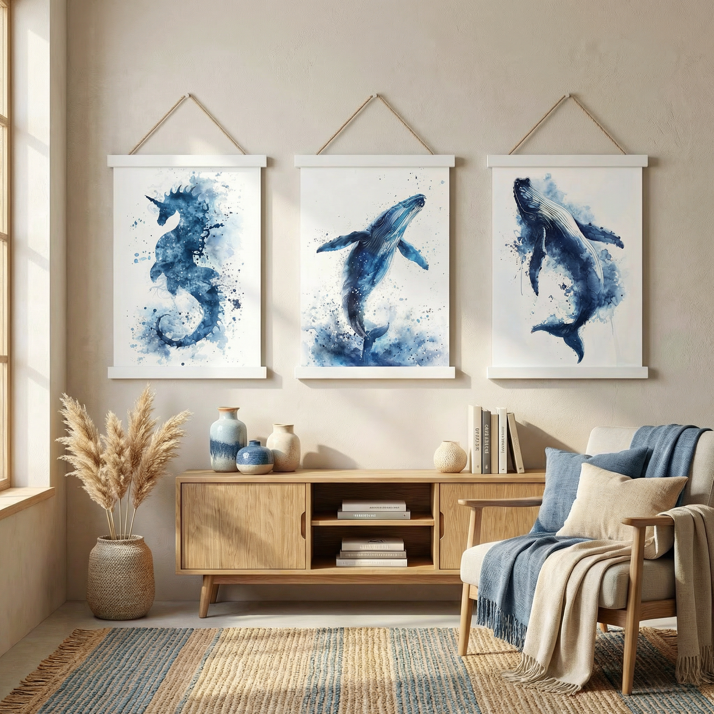 Ocean Dream — Watercolor Seahorse and Whale Triple Poster Set | Coastal Wall Art