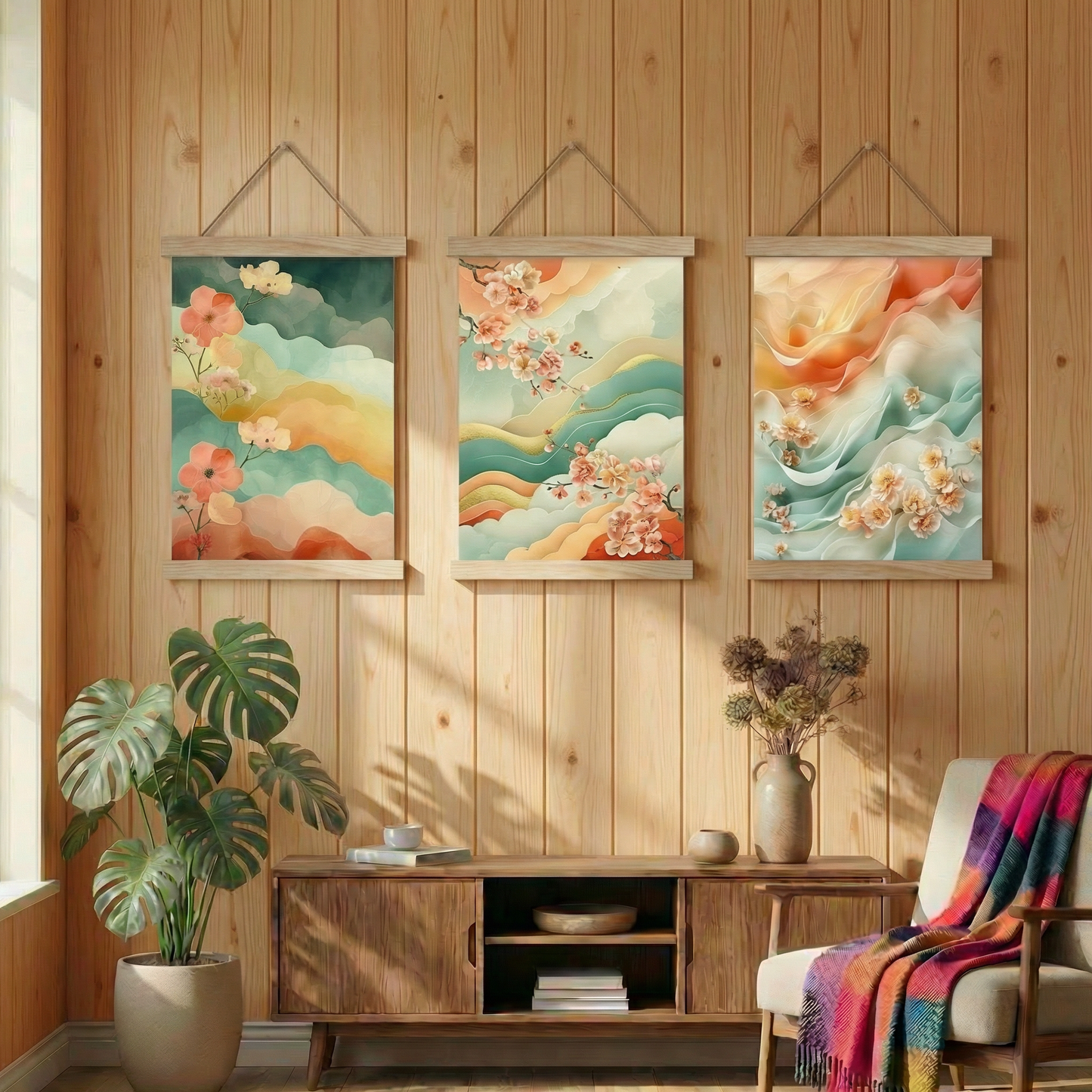 Kiraz Çiçeği Nefesi | Pastel Bulut Dalgaları Üçlü Poster Seti | Japon Duvar Sanatı
